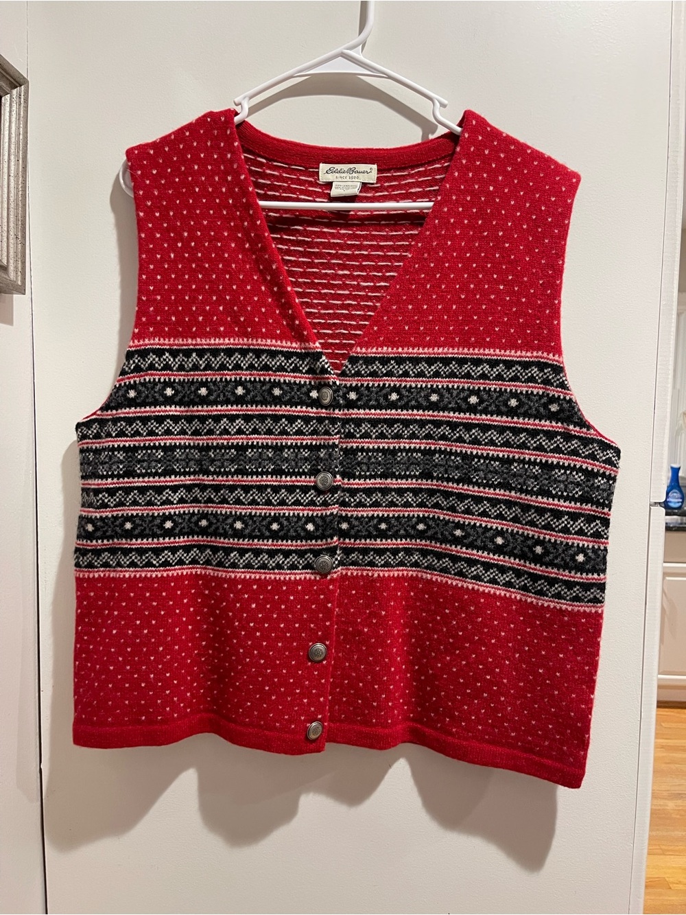 Vintage Eddie Bauer Women's Lambswool Sweater Vest Red Fair Isle Button L 90s